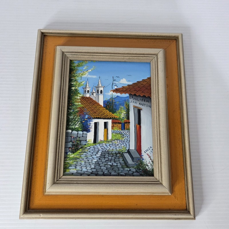 Village Houses Painting Framed Vintage Latin American Alley Town Street Art