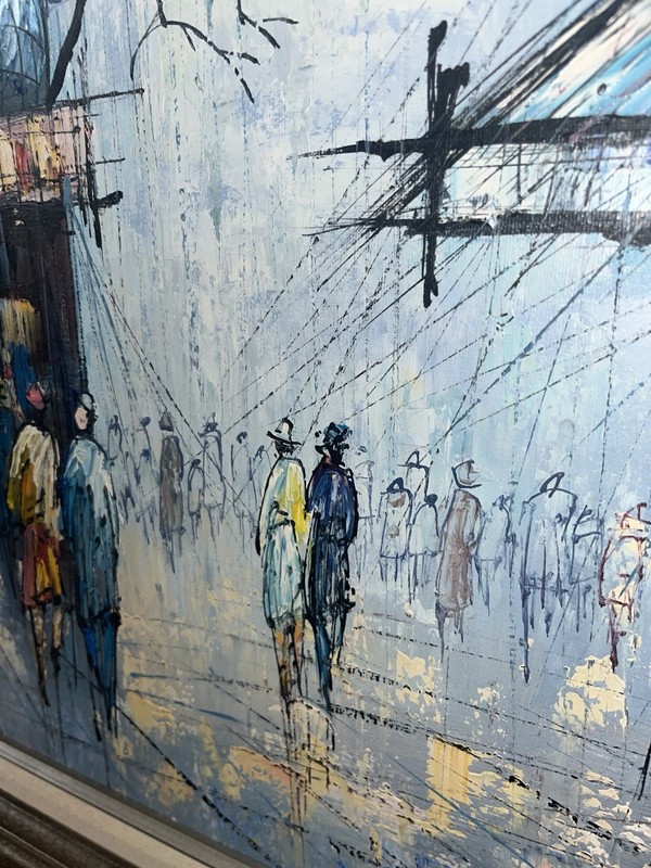 Huge MCM H. Duchamp TEXTURED Oil Painting On Canvas Parisian Street Scene 56x32” gallery