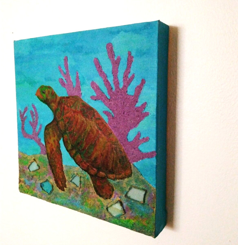 Painting Coastal, Sea Turtle with Sand and Sea Glass on Canvas gallery