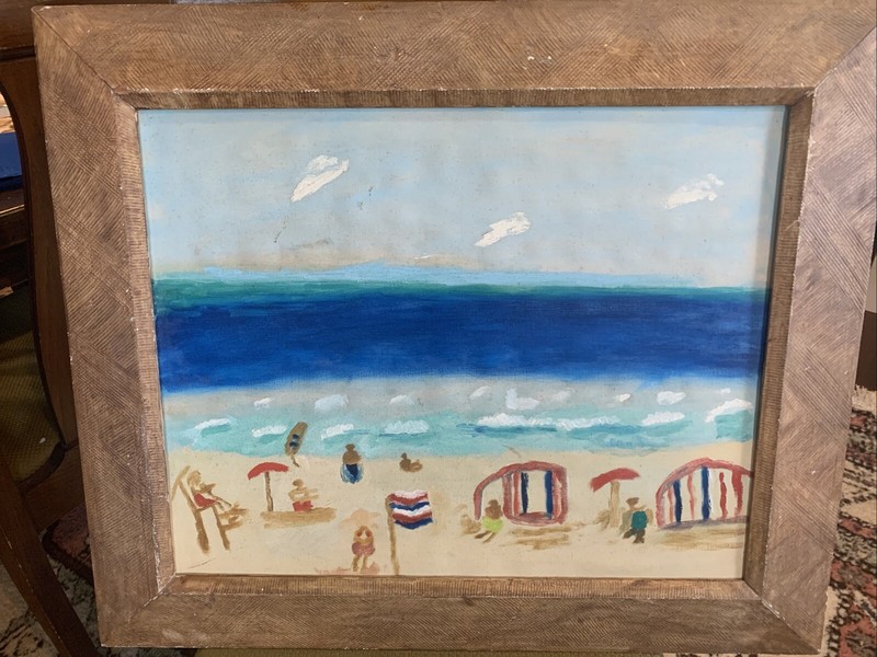 Folk Art Oil Painting Board Beach Ocean 26×22 Outsider Art Vintage Rare