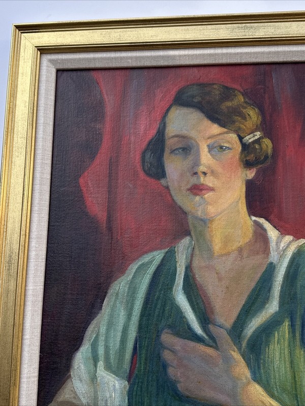 CHESTER SCHROCK PAINTING ANTIQUE ART DECO PORTRAIT PRETTY WOMAN COLORADO 1924 gallery