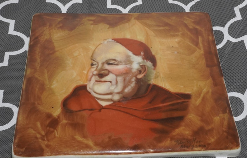 Vintage Cardinal Friar Monk Large Tile plaque Multicolor Signed 7.5 x 6.5
