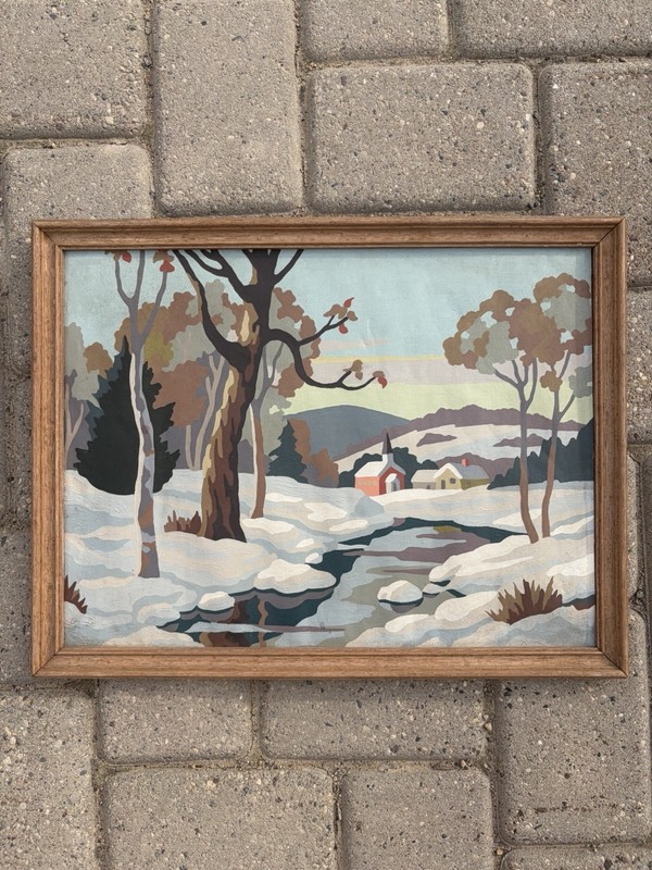Vintage Mid Century Paint By Numbers Winter Church River Framed Art Painting