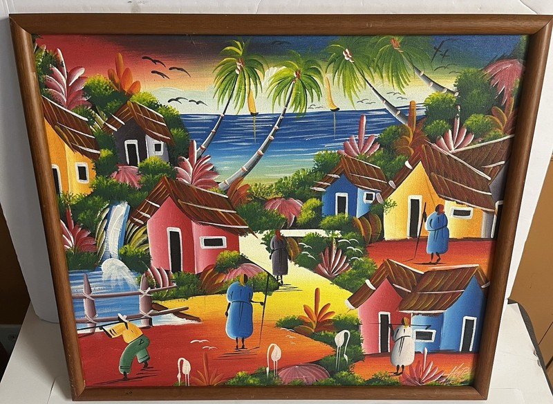 HAITI ART Haitian Village Colorful Signed Painting Wood Framed 24″ X 20″