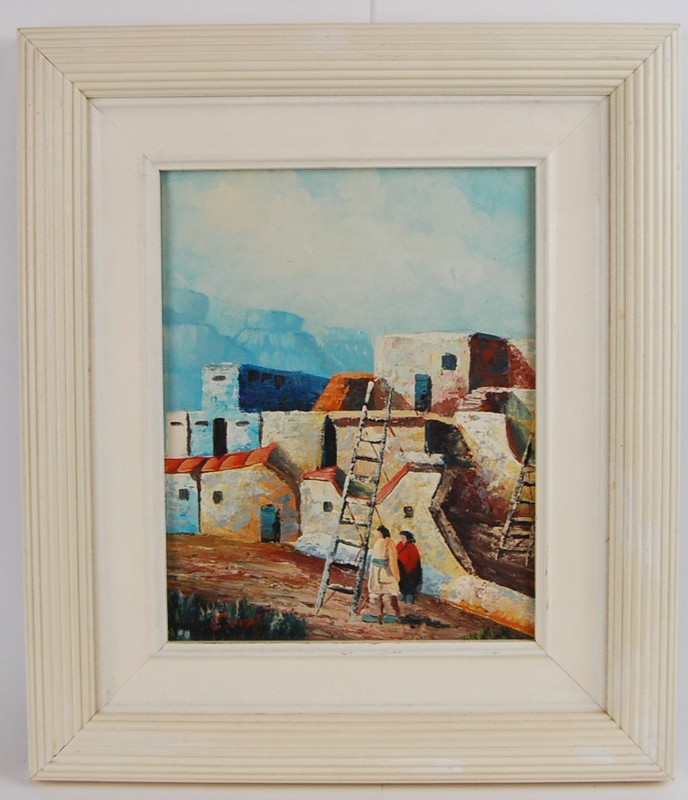 Vtg 80s C Loft Original Oil Painting «Southwestern Pueblo Village Scene II» 8X10