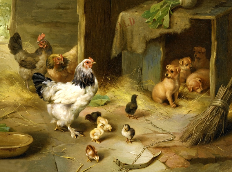 Art Giclee Printed Oil Painting Print Chickens and dogs Wall