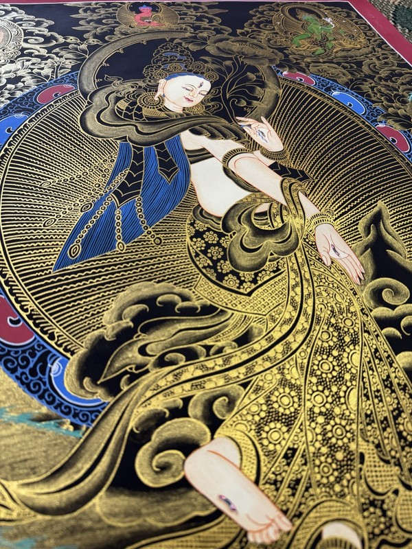 Silk Brocade Mounted Dancing White Tara Thangka, Bodhisattva of Longevity gallery