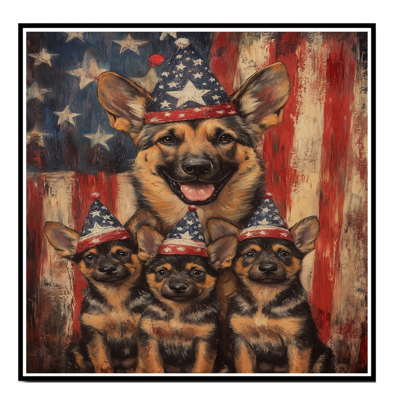 Rustic Patriotic German Shepherd Puppies Wall Art with Flag Hats gallery