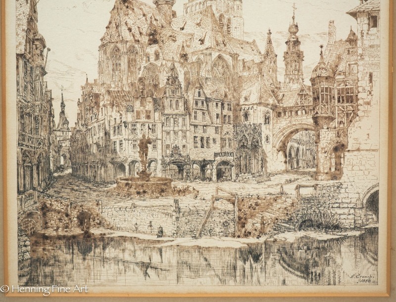 Exquisite Antique Watercolor Ink Drawing of Evreux Notre Dame Cathedral Spires gallery
