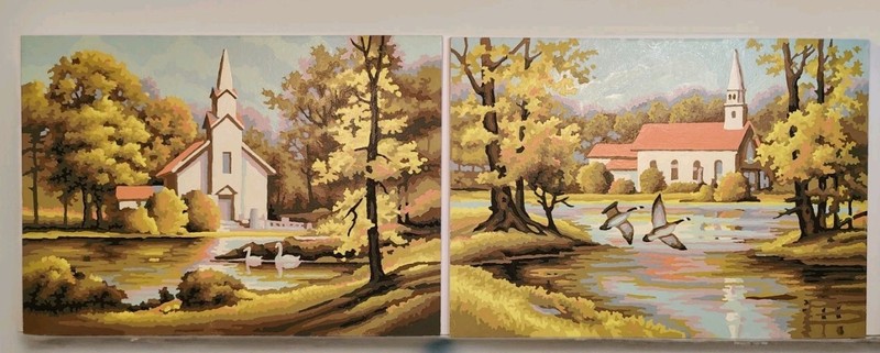 Pair of Paint By Number Mid-century Church By Pond Country Church Scenes 10 X 14