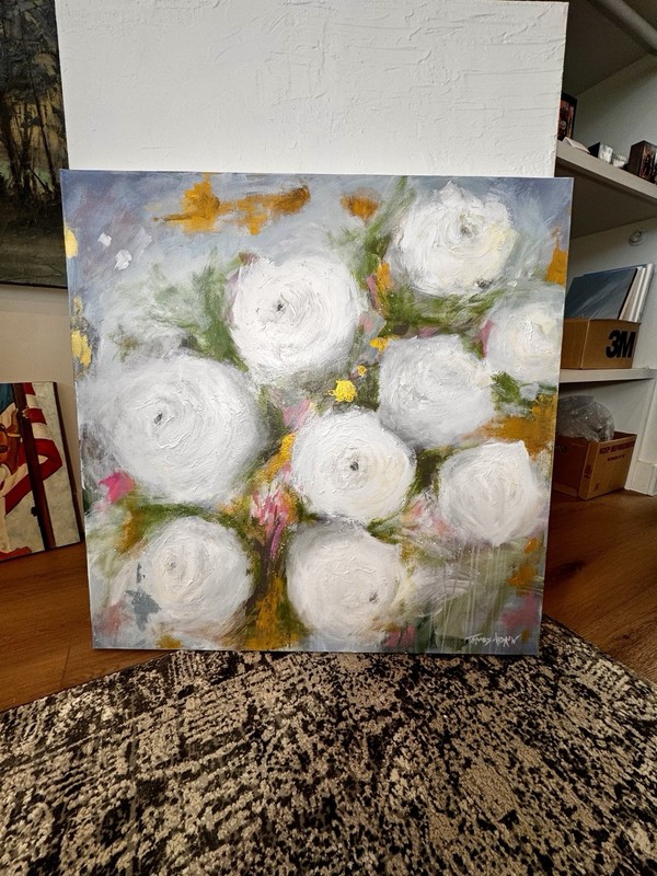 Original Acrylic Abstract Painting Flowers Art Canvas AL Artist Whites OOAK gallery