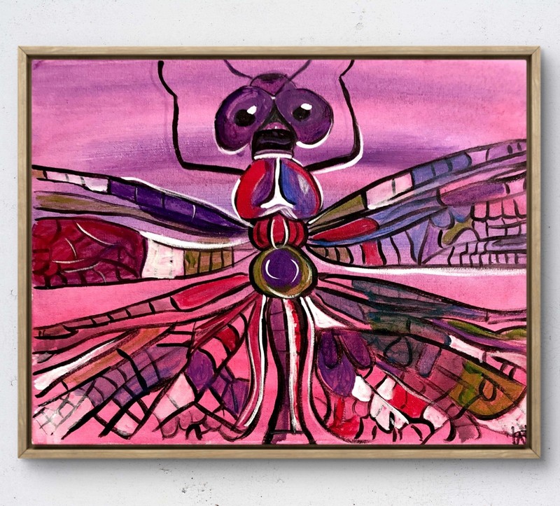 Stain glass dragonfly expressionism modern art painting 14X11 canvas original