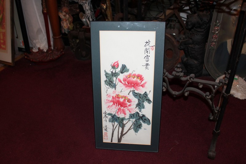 Original Chinese Water Color Painting Red Flowers Signed Stamped Framed