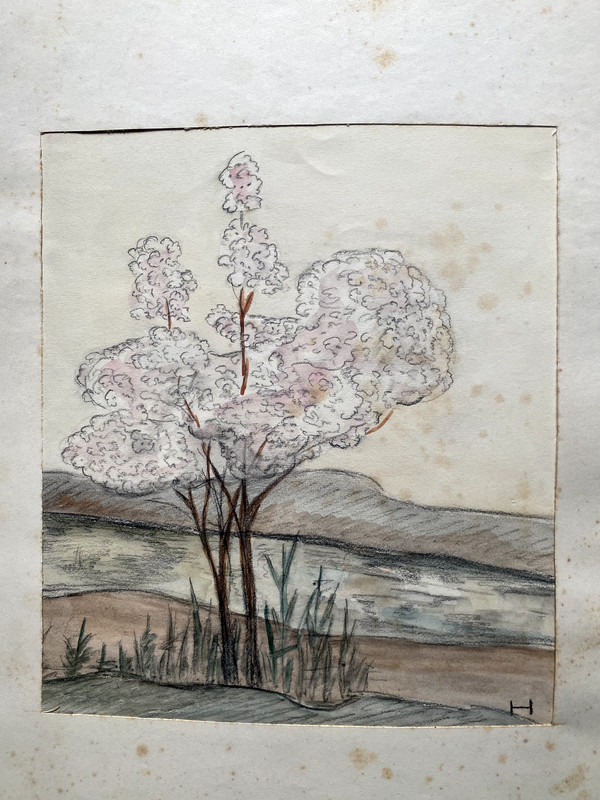 Watercolor Monogram H. Baum Antique Expressionist Drawing Landscape Study