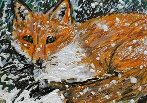 ORIGINAL ACEO Painting Red FOX Winter Snow Pine Tree Landscape Animal Nature ART
