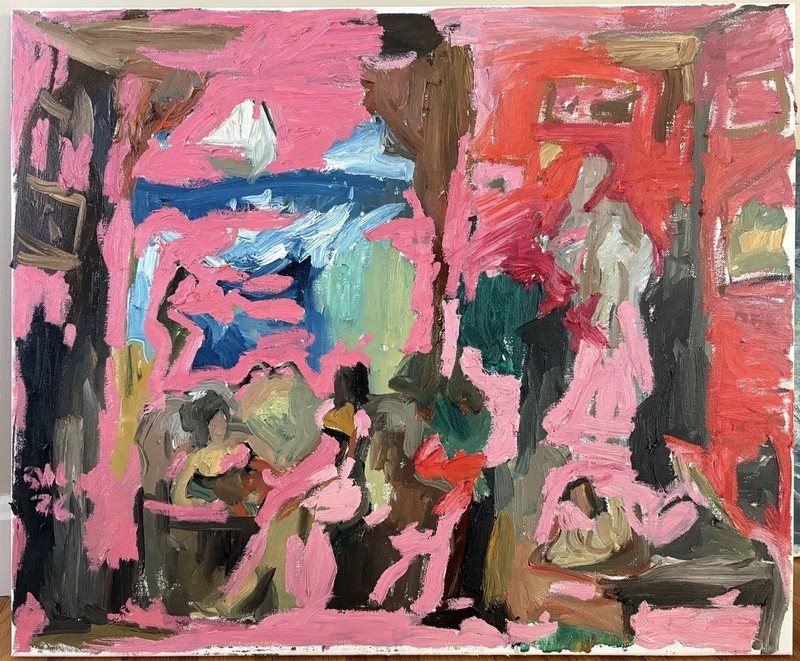 Abstract Cubism Interior With Figures Oil Painting On Canvas 20”x24” Modern Art