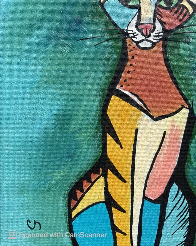 Stylized Colorful Calico Cat Original Acrylic Painting 11x14 Signed Canvas Art gallery
