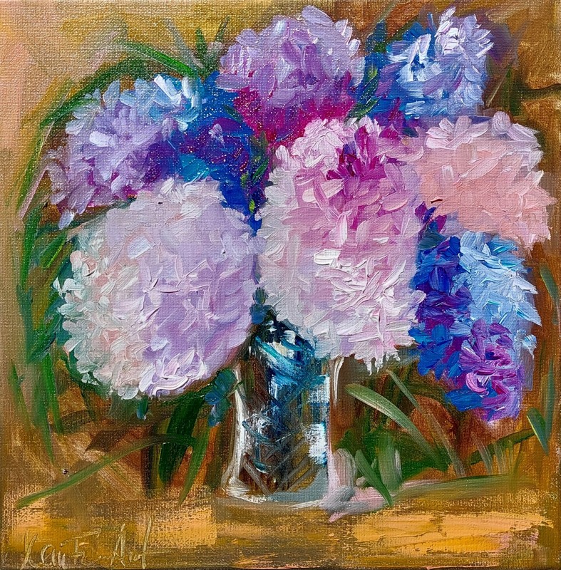 Oil original painting on canvas size 12×12 inches Lilac in vase