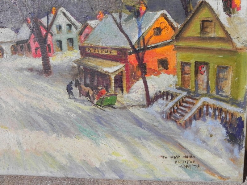 New England winter painting naive impressionist 1979 signed Titus poss. Vermont gallery