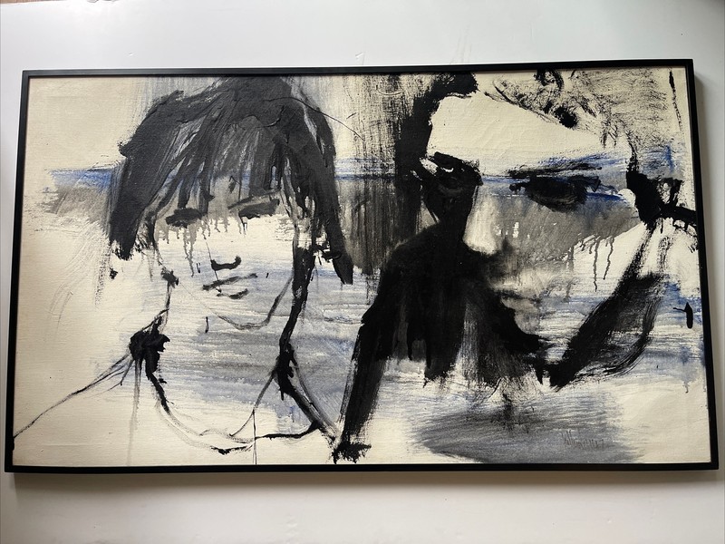 GINO HOLLANDER PAINTING ABSTRACT FACES MID CENTURY MODERN FAMOUS LISTED LARGE