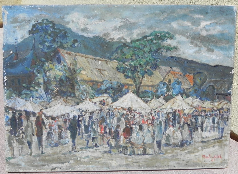 Vintage Indonesian art market painting 1962 by Muslim Saleh 1927- gallery