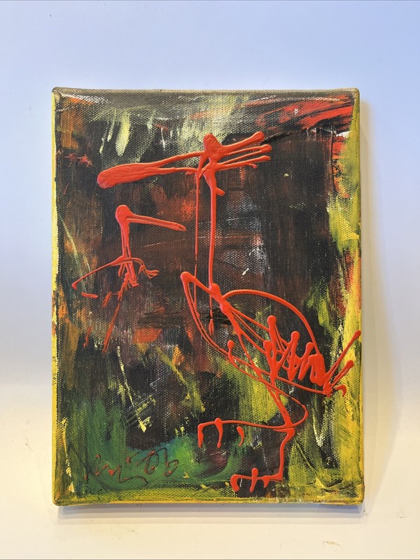 Bird expressive oil painting Mü06 original animal picture/LW 24×18 cm expressive red green
