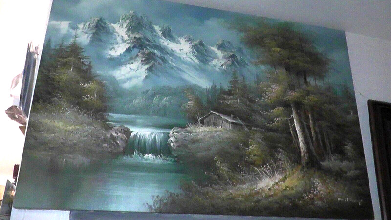 painting 30×24 snowy mountains waterfall trees snow winter fall forest cabin