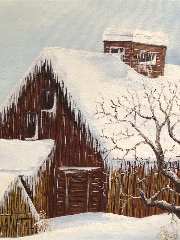 Original Oil Painting Winter Scene Signed Dated 1978 Cabin Snow Rustic