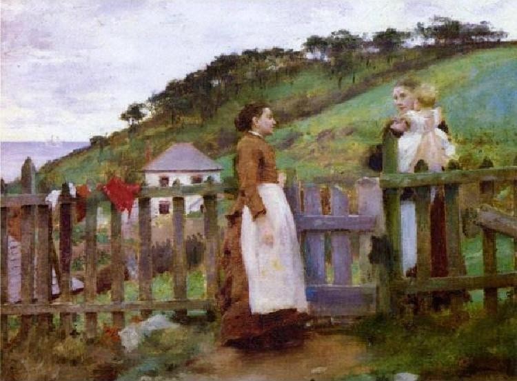 Oil painting Henry-Scott-Tuke-A-Morning-Gossip yojng woman baby landscape canvas