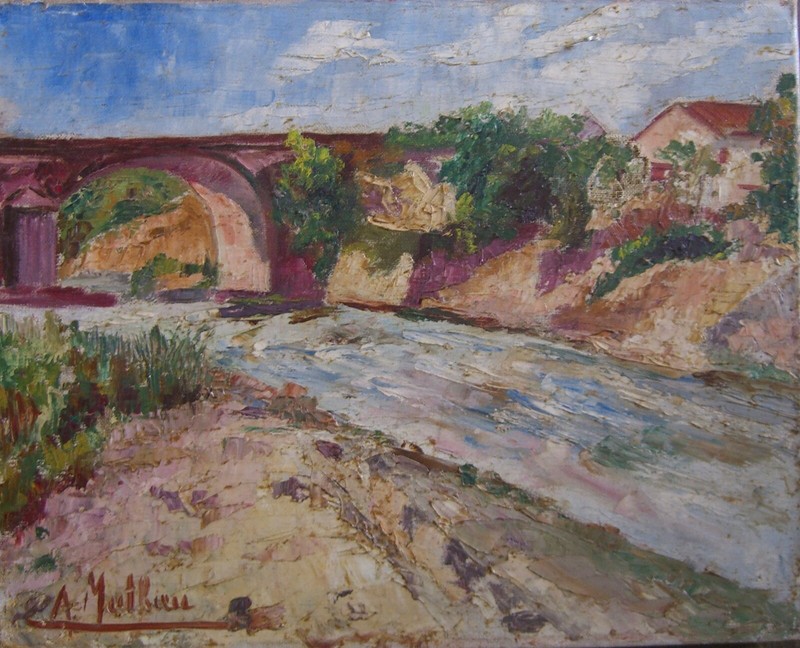 ::A. MATHIEU OIL PAINTING °RIVER LANDSCAPE WITH BRIDGE ° FRANCE NATURE ARCHITECTURE