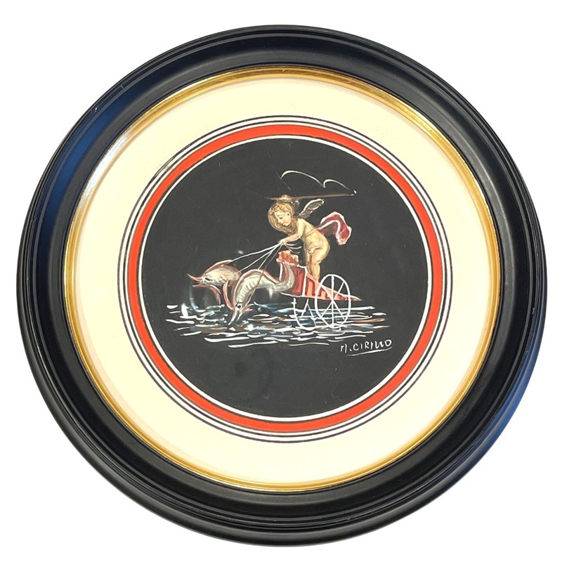 M. Cirillo Cherub Putti on Dolphin Drawn Chariot Gouache Painting Framed Signed
