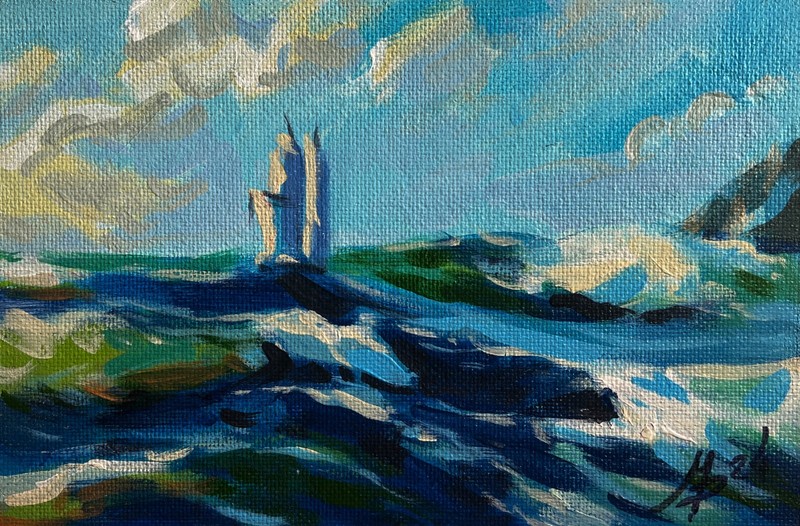 Acrylic Painting Evening Waves Sea M. Patskan Unframed Original nAAA4790