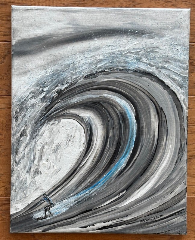 ACRYLIC PAINTING #25 BIG WAVE SURFER 2 B&W on 11×14 CANVAS by SDSchwitters