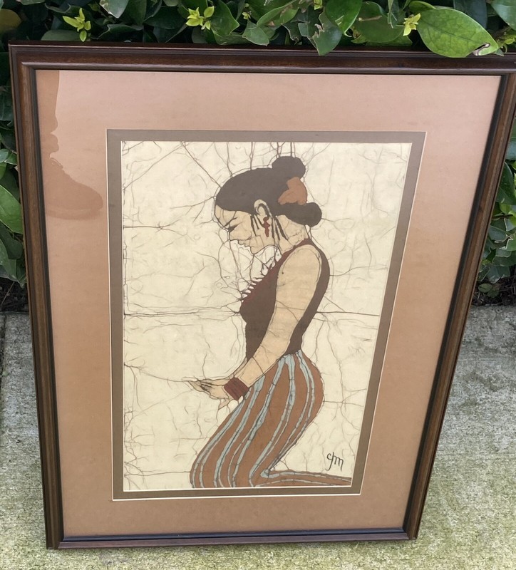 Vintage Batik Artwork With Woman On Linen 17 x 25 Framed Signed By Artist