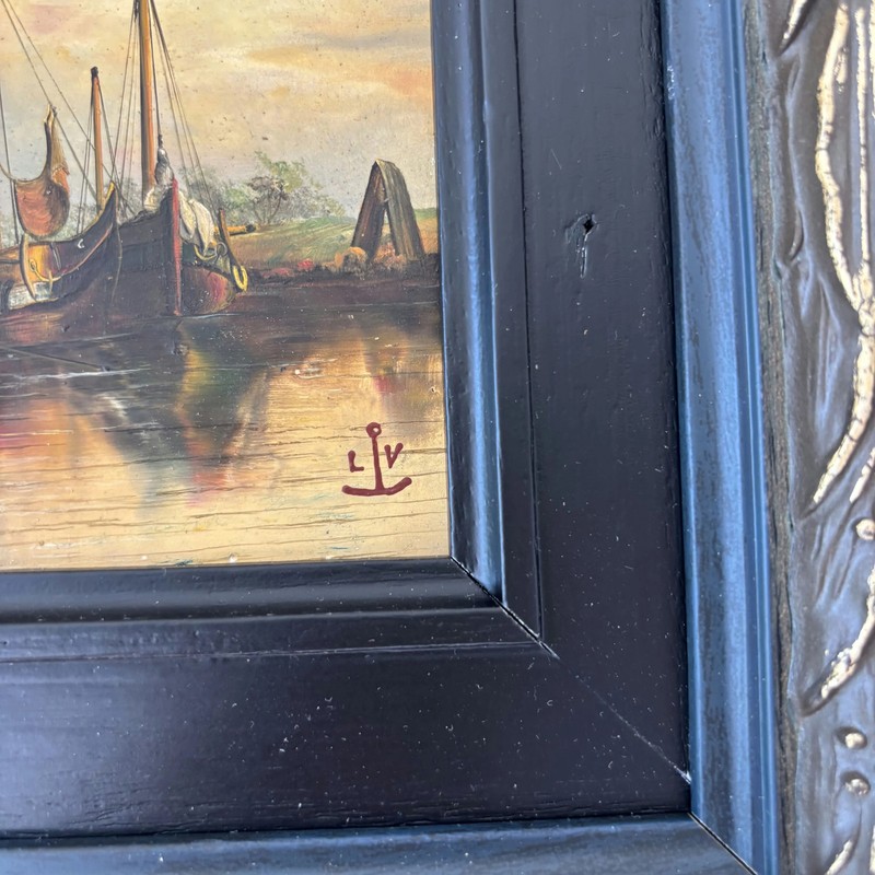 19th Century Antique Harbor Scene Oil Painting "Moored Boat" Small Artwork gallery