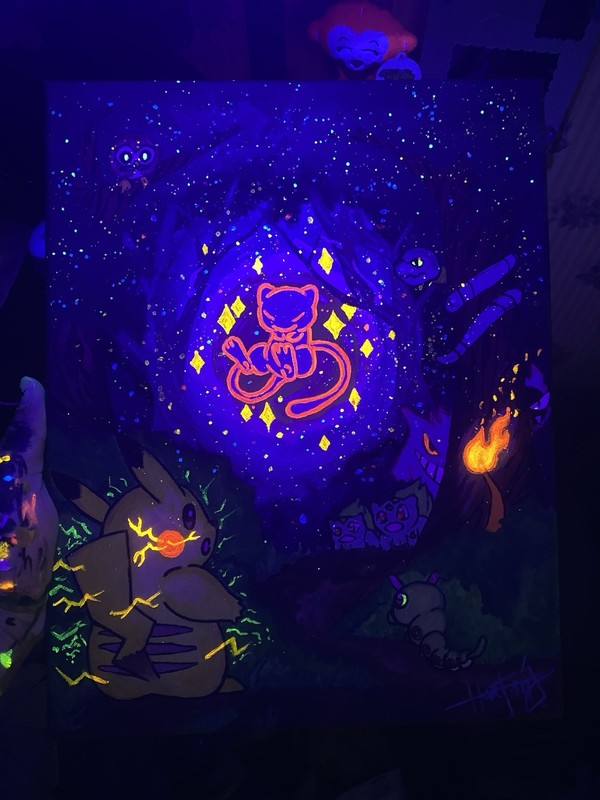Black Light Reactive- Hand Painted Mew Painting. gallery
