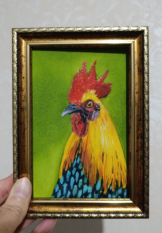 ORIGINAL Oil Painting Rooster Contemporary Wall art Miniature Handmade Birds gallery