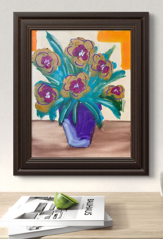 Original "Flowers in Vase" 11x14 Canvas Expressionism Abstract Design Home Art gallery
