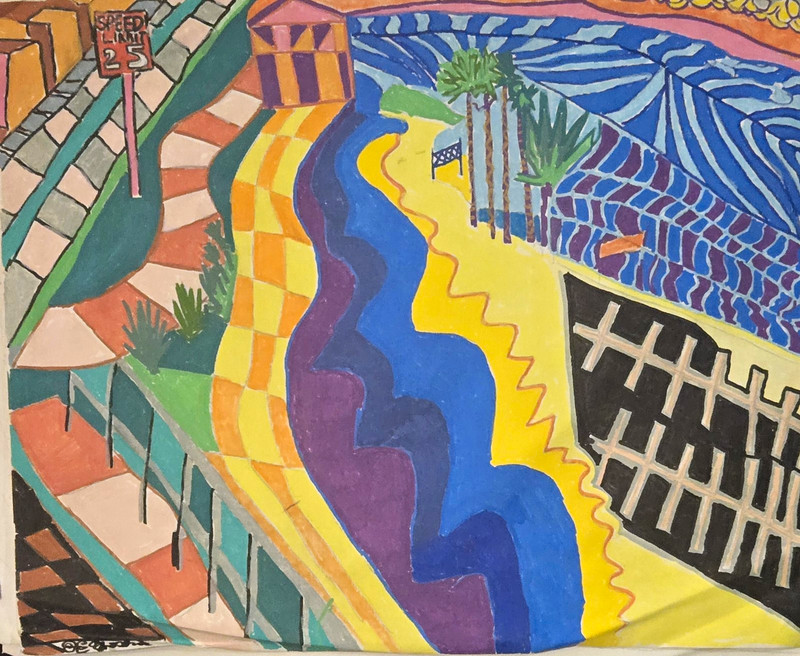 Abstract Beach Landscape Painting w/ Palm Trees & Buildings Nature Architecture