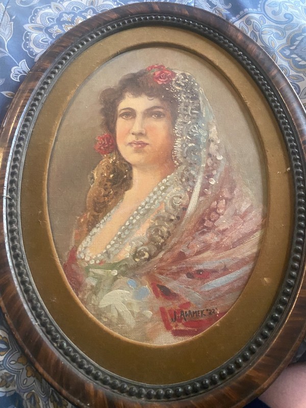 vintage oil on canvas painting, Spanish cigar box woman portrait oval