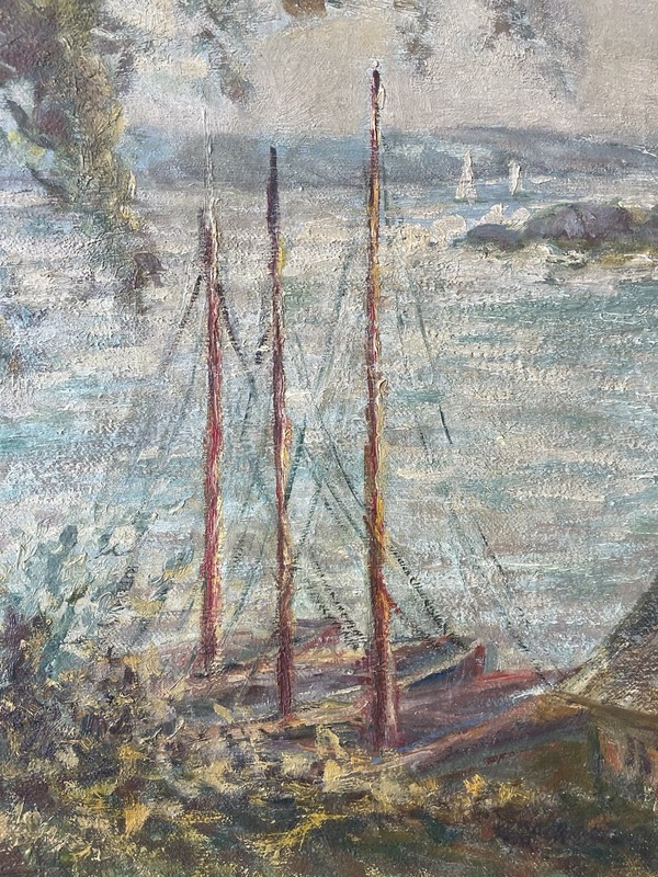 HARRY MELIN Fisherman Village With Sailboats in oil on canvas37” X 22” gallery