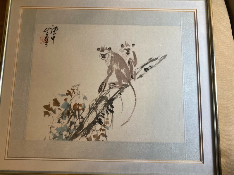 1984 «Monkey On Branch Scene» Asian Watercolor Painting – Signed And Framed