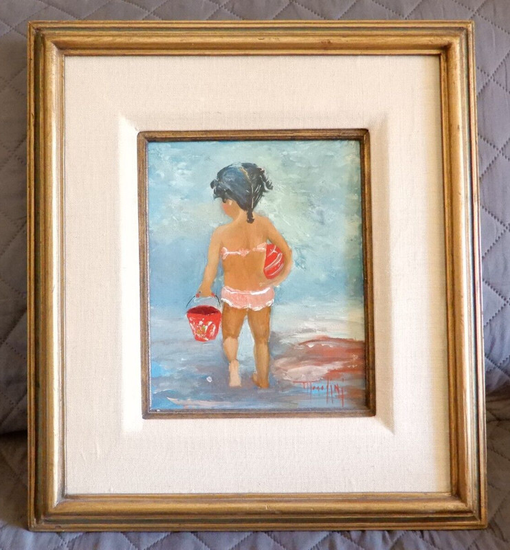 First Day At The Beach. Original oil on board 8″ x 10″ in Frame = 16.5×18.5