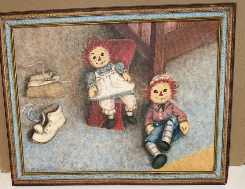 Darling 1930’s era Raggedy Ann Oil painting titled » Time out»