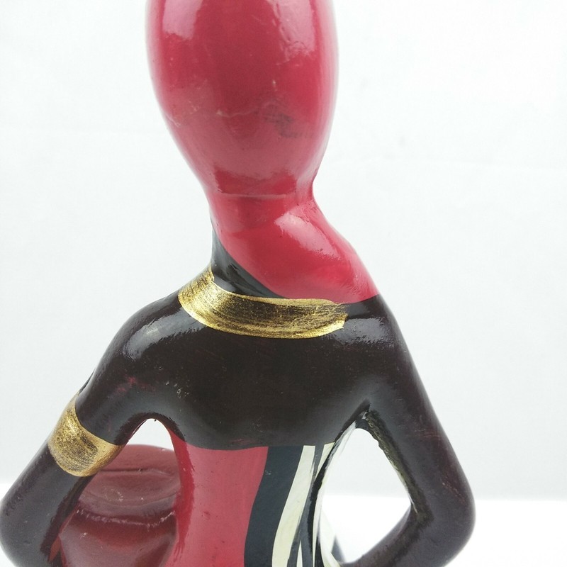 African Folklore Ceramic Figurine Lady Sitting Down Red White Black Gold Painted gallery