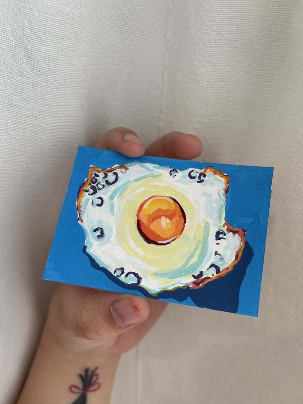 ACEO Original ATC Hand Drawn Colourful Abstract 2.5×3.5 Fried Egg Painting