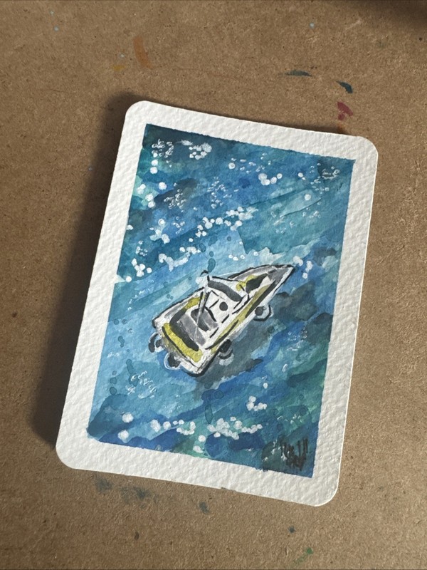 ACEO Original Painting Watercolor Ink Shortiez ink ATC Little Boat Ocean Water