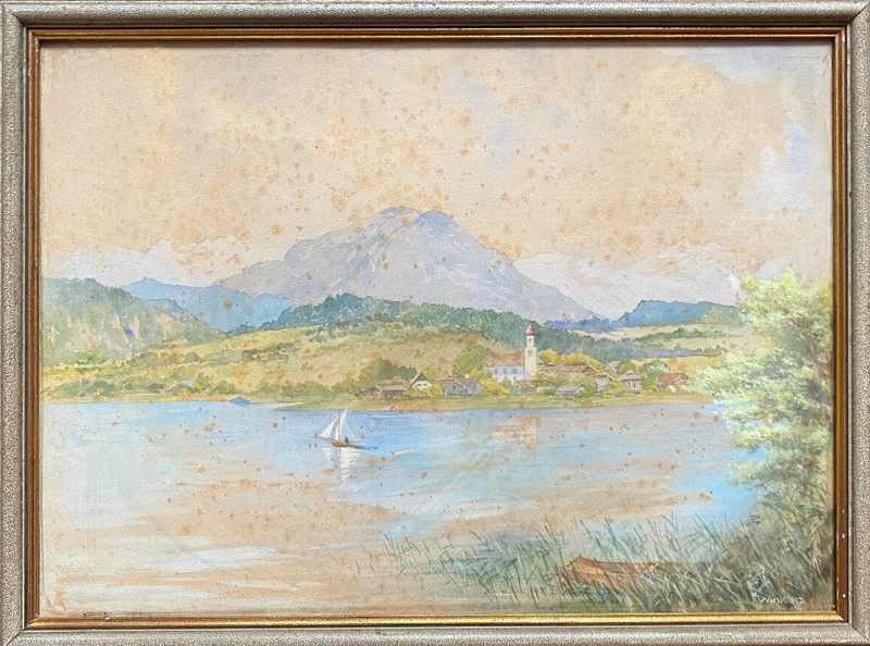 ::WATERCOLOR SIGN.PROF. F.WINKLER 1944 MOUNTAIN PANORAMA VIEW WITH LAKE BOATS CHURCH