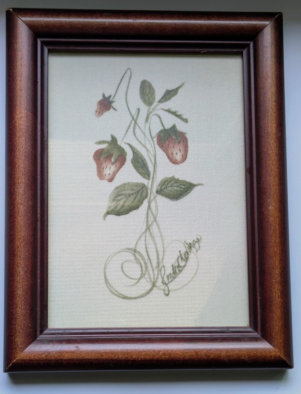 Theorem Signed Painting Strawberries on Vines Framed Behind Glass 8.5″ x 6.5″