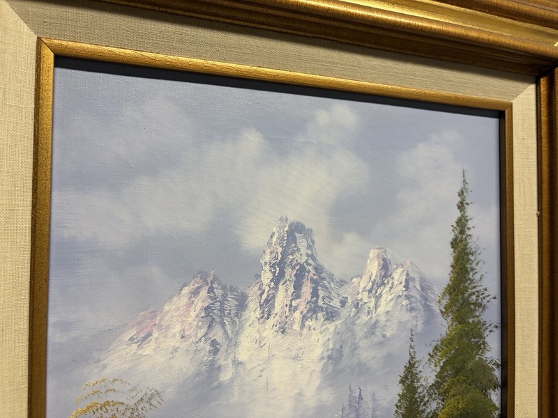 Vintage Oil Painting Signed Mountain River Waterfall Scene Framed Size 19x31 gallery